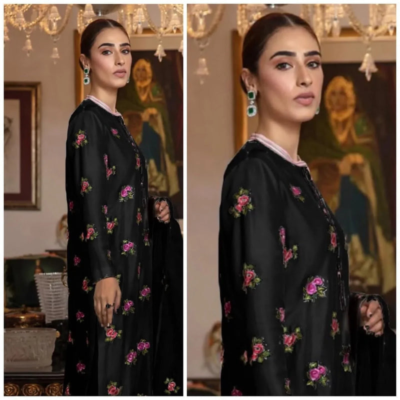 SastaaE Unstitched 3pc Floral Embroidered Dress on Shamoz Silk Shirt & Trouser and Organza Dupatta - Sastaae