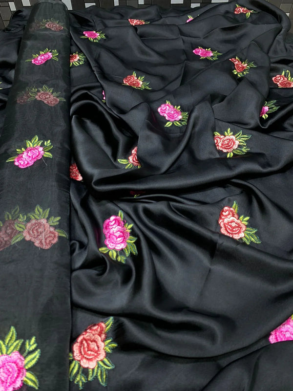 SastaaE Unstitched 3pc Floral Embroidered Dress on Shamoz Silk Shirt & Trouser and Organza Dupatta - Sastaae