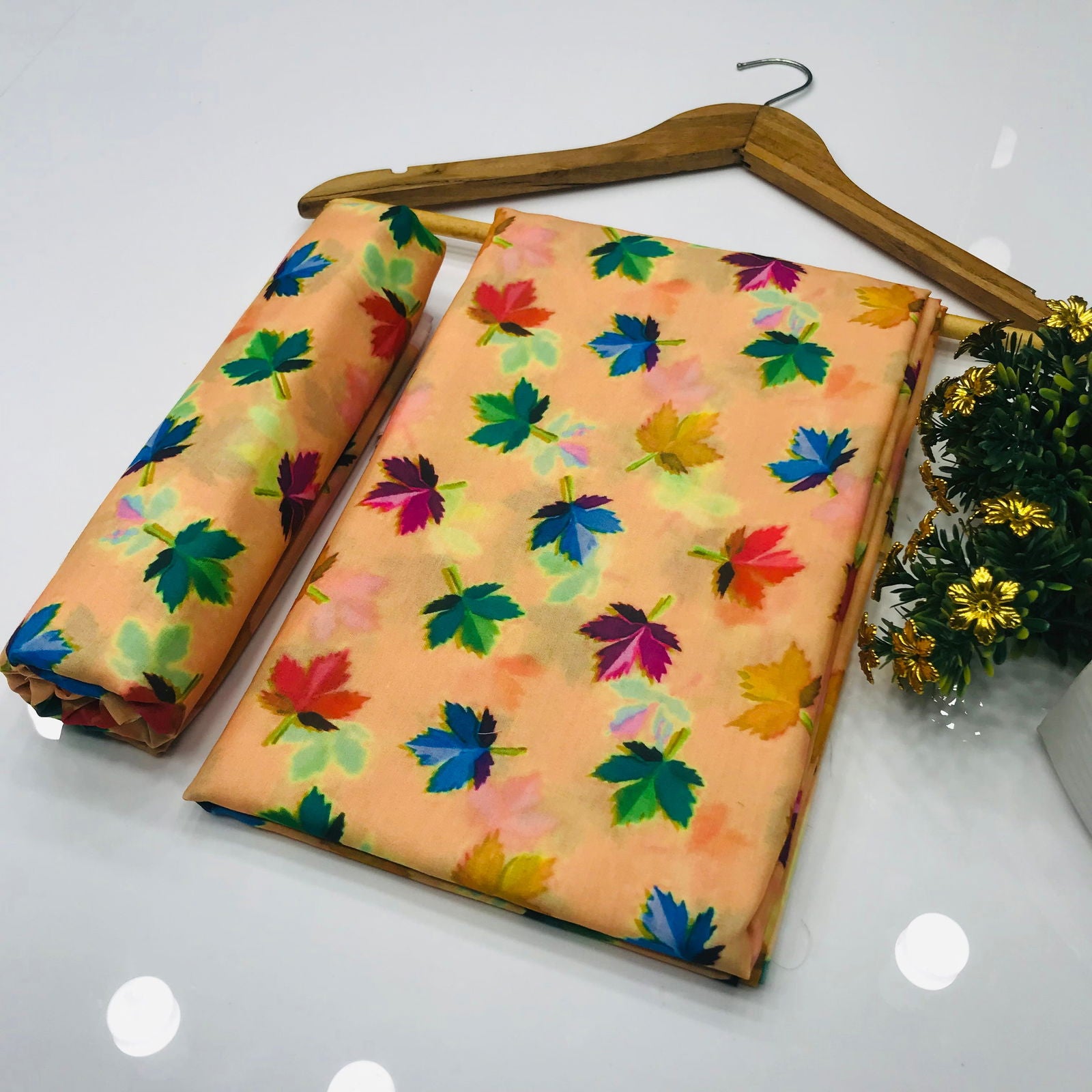 SastaaE 2 Pieces Unstitched Lawn All Over Leaf Print Shirt & Trouser - sastaae