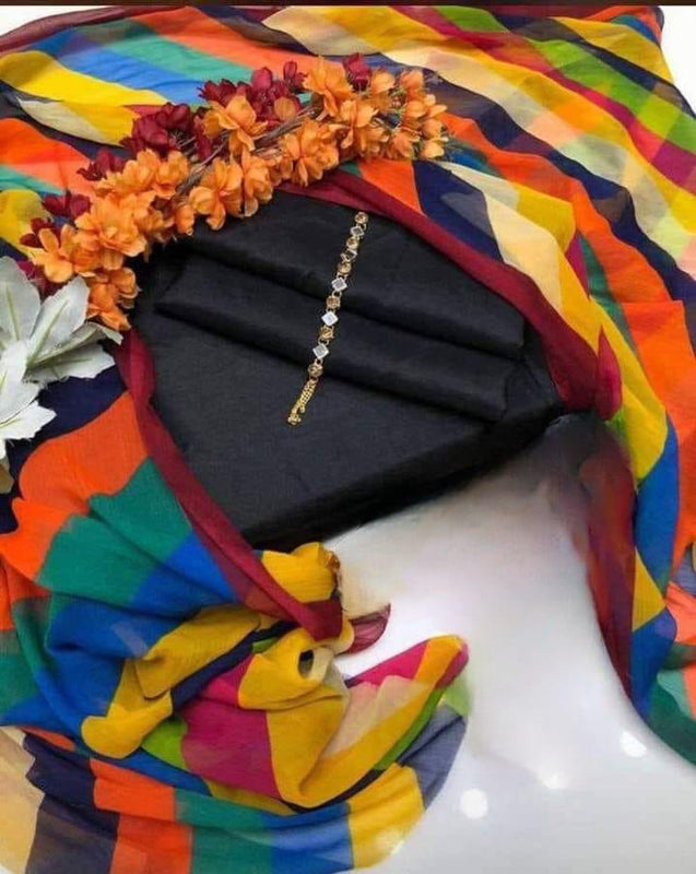 SastaaE 3 PC Unstitched Kataan Silk Plain Shirt & Trouser With Chiffon Chunri Multi Dupatta - Sastaae
