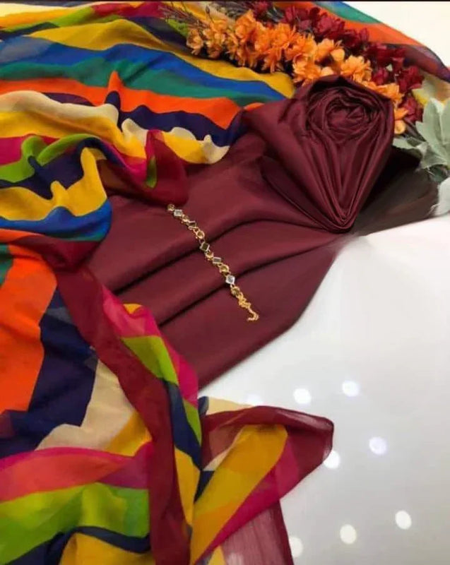 SastaaE 3 PC Unstitched Kataan Silk Plain Shirt & Trouser With Chiffon Chunri Multi Dupatta - Sastaae