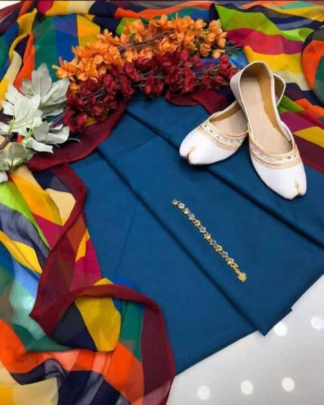 SastaaE 3 PC Unstitched Kataan Silk Plain Shirt & Trouser With Chiffon Chunri Multi Dupatta - Sastaae