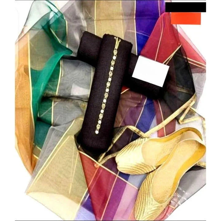 SastaaE 3 PC Unstitched Kataan Silk Plain Shirt & Trouser With Organza Lining Dupatta - Sastaae