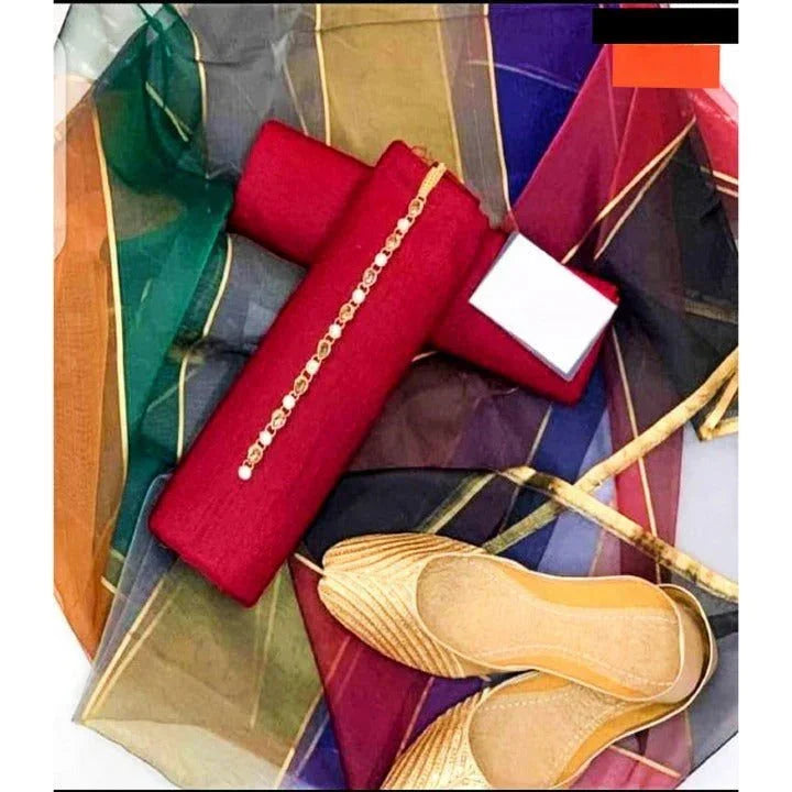 SastaaE 3 PC Unstitched Kataan Silk Plain Shirt & Trouser With Organza Lining Dupatta - Sastaae