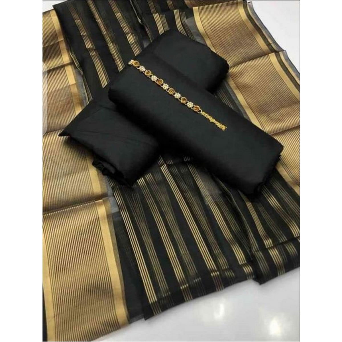 SastaaE 3 PC Unstitched Kataan Silk Plain Shirt & Trouser With Organza Lining Dupatta - sastaae