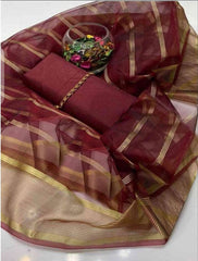 SastaaE 3 PC Unstitched Kataan Silk Plain Shirt & Trouser With Organza Lining Dupatta - sastaae