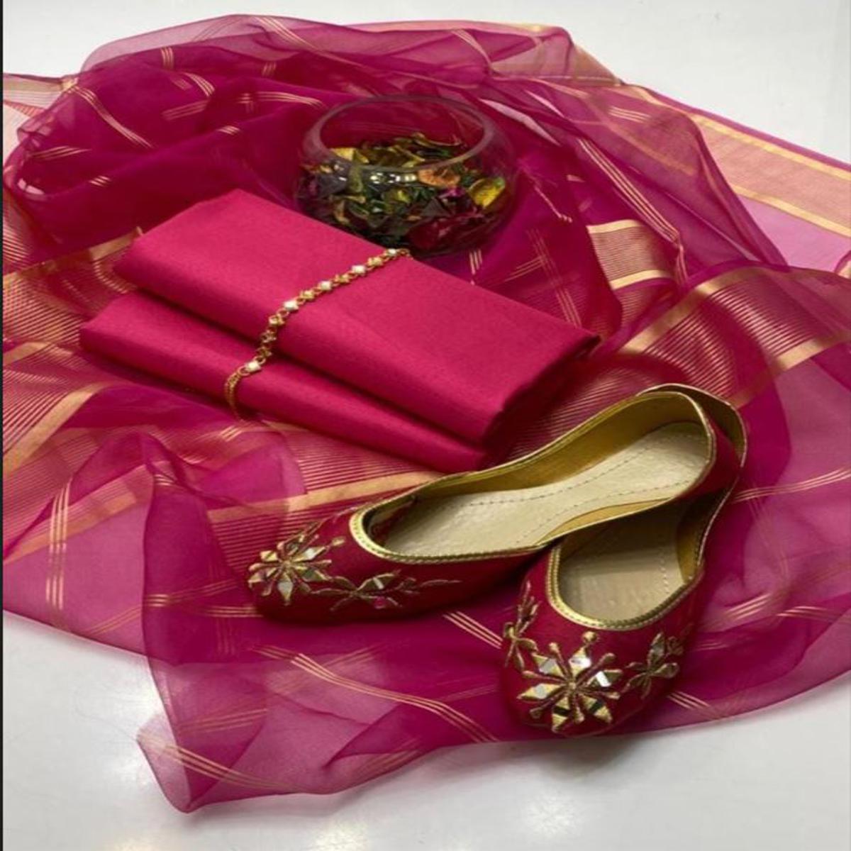 SastaaE 3 PC Unstitched Kataan Silk Plain Shirt & Trouser With Organza Lining Dupatta - sastaae