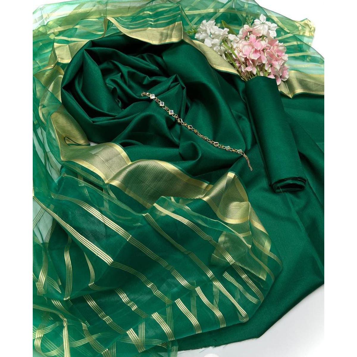 SastaaE 3 PC Unstitched Kataan Silk Plain Shirt & Trouser With Organza Lining Dupatta - sastaae