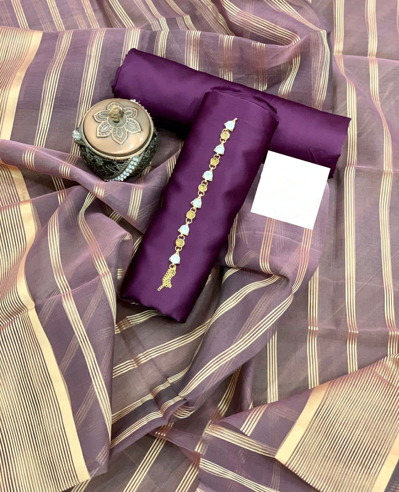 SastaaE 3 PC Unstitched Kataan Silk Plain Shirt & Trouser With Organza Lining Dupatta - sastaae