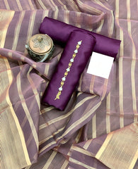 SastaaE 3 PC Unstitched Kataan Silk Plain Shirt & Trouser With Organza Lining Dupatta - sastaae