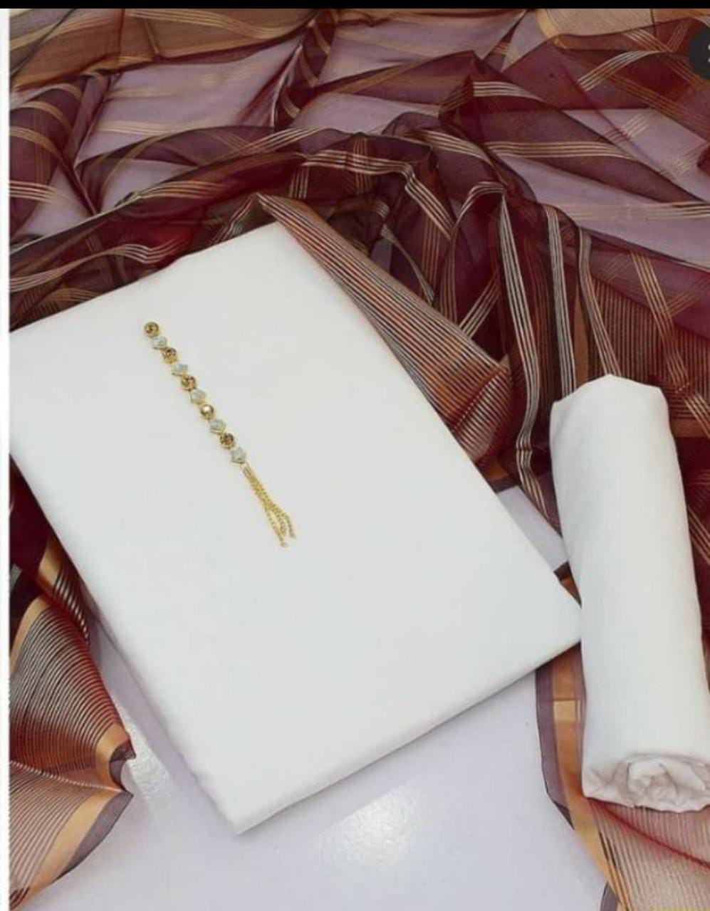 SastaaE 3 PC Unstitched Kataan Silk Plain Shirt & Trouser With Organza Lining Dupatta - sastaae