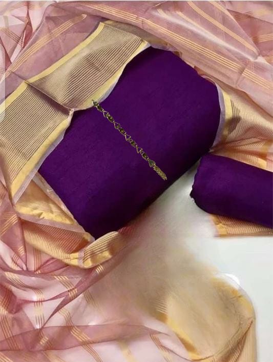 SastaaE 3 PC Unstitched Kataan Silk Plain Shirt & Trouser With Organza Lining Dupatta - sastaae