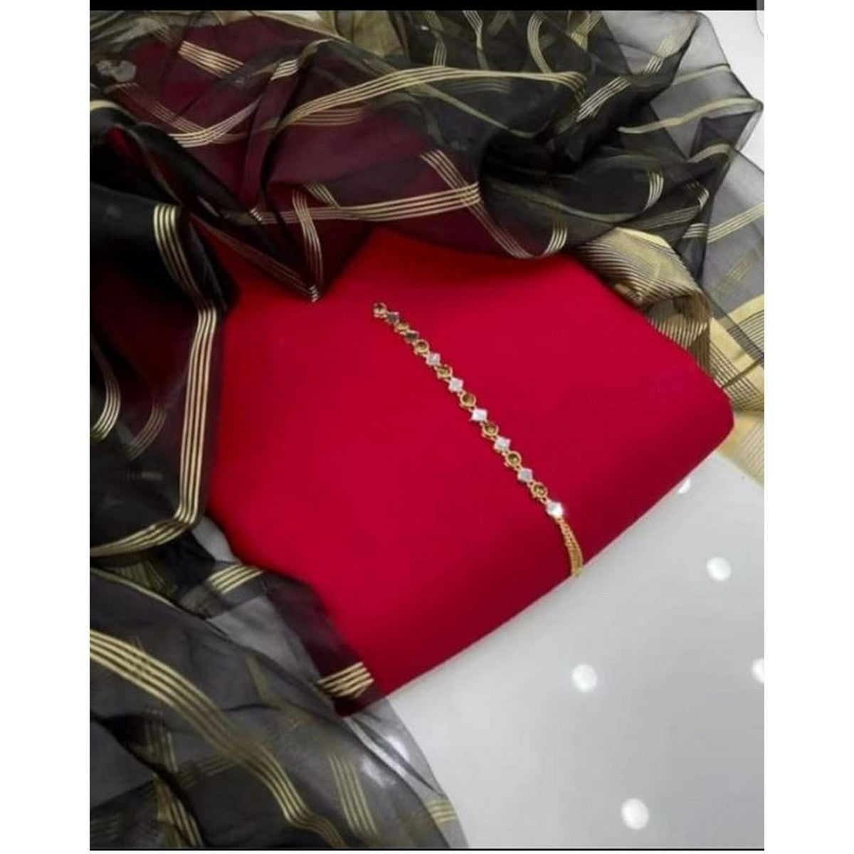 SastaaE 3 PC Unstitched Kataan Silk Plain Shirt & Trouser With Organza Lining Dupatta - sastaae