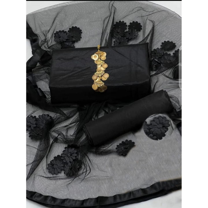 SastaaE 3 PC Unstitched Katan Silk Plain Shirt & Trouser With Net Duppatta - sastaae