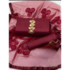 SastaaE 3 PC Unstitched Katan Silk Plain Shirt & Trouser With Net Duppatta - sastaae