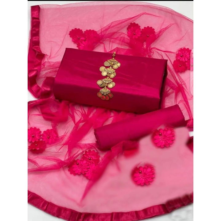 SastaaE 3 PC Unstitched Katan Silk Plain Shirt & Trouser With Net Duppatta - sastaae