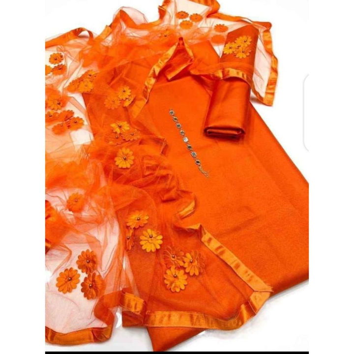 SastaaE 3 PC Unstitched Katan Silk Plain Shirt & Trouser With Net Duppatta - sastaae