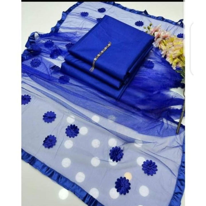 SastaaE 3 PC Unstitched Katan Silk Plain Shirt & Trouser With Net Duppatta - sastaae