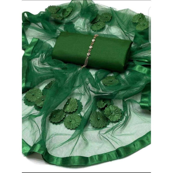 SastaaE 3 PC Unstitched Katan Silk Plain Shirt & Trouser With Net Duppatta - sastaae