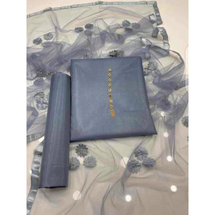 SastaaE 3 PC Unstitched Katan Silk Plain Shirt & Trouser With Net Duppatta - sastaae