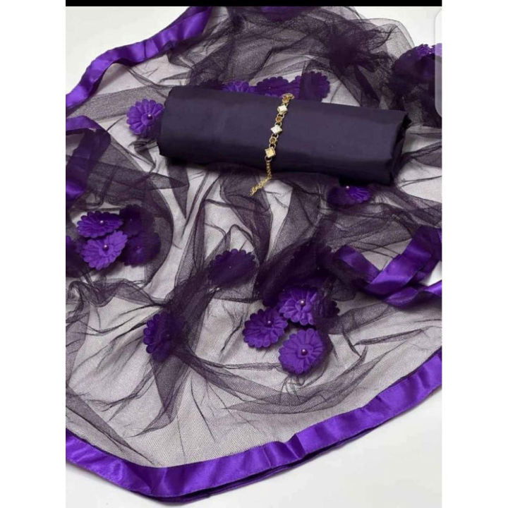 SastaaE 3 PC Unstitched Katan Silk Plain Shirt & Trouser With Net Duppatta - sastaae