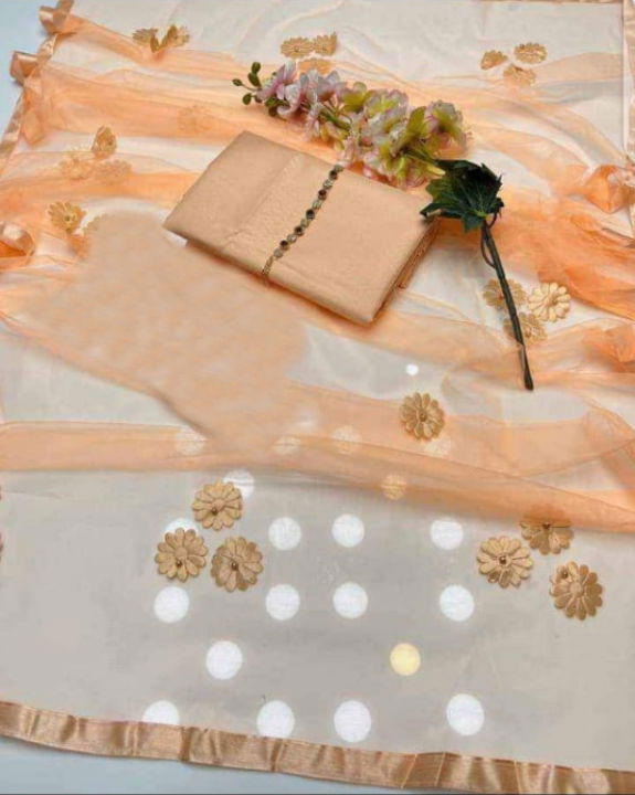 SastaaE 3 PC Unstitched Katan Silk Plain Shirt & Trouser With Net Duppatta - sastaae