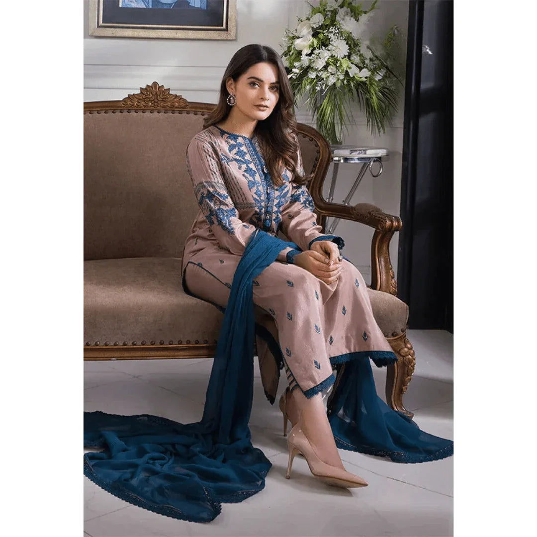 SastaaE 3 Piece Unstitched Embroidered Dress on Lawn Cotton fabric along with Chiffon Embroidered Dupatta - Sastaae