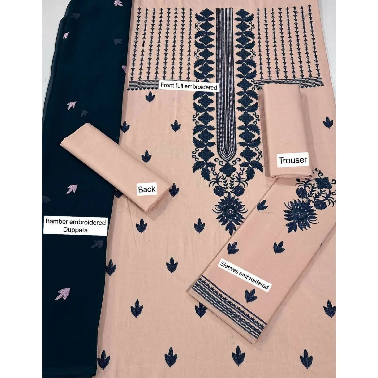 SastaaE 3 Piece Unstitched Embroidered Dress on Lawn Cotton fabric along with Chiffon Embroidered Dupatta - Sastaae