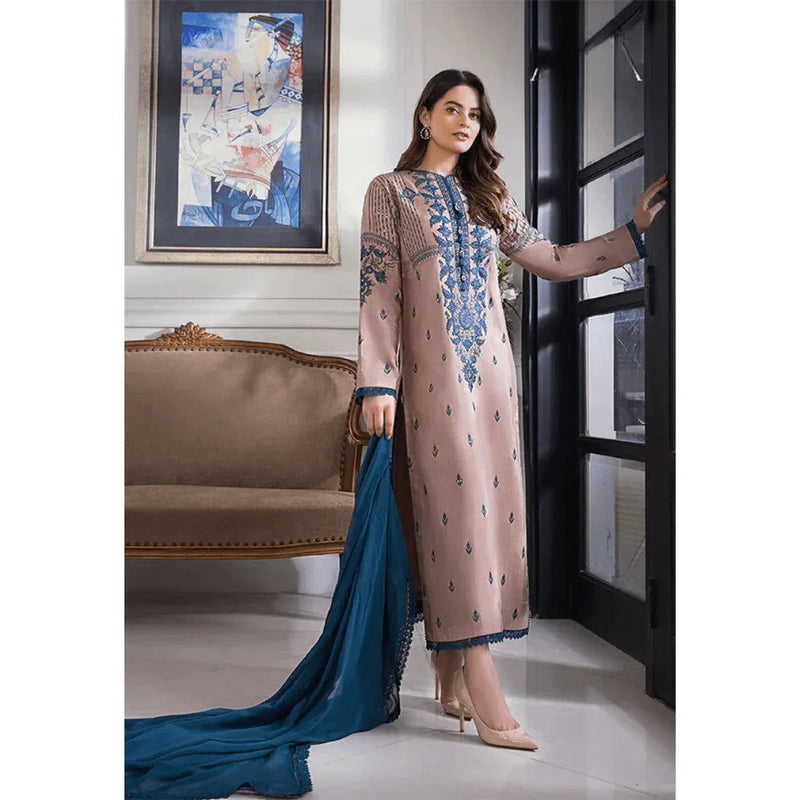 SastaaE 3 Piece Unstitched Embroidered Dress on Lawn Cotton fabric along with Chiffon Embroidered Dupatta - Sastaae