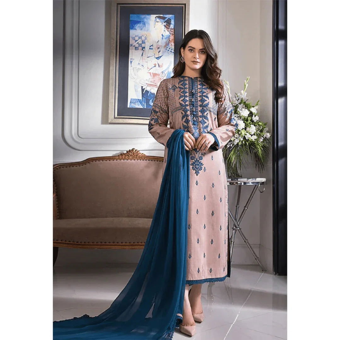 SastaaE 3 Piece Unstitched Embroidered Dress on Lawn Cotton fabric along with Chiffon Embroidered Dupatta - Sastaae