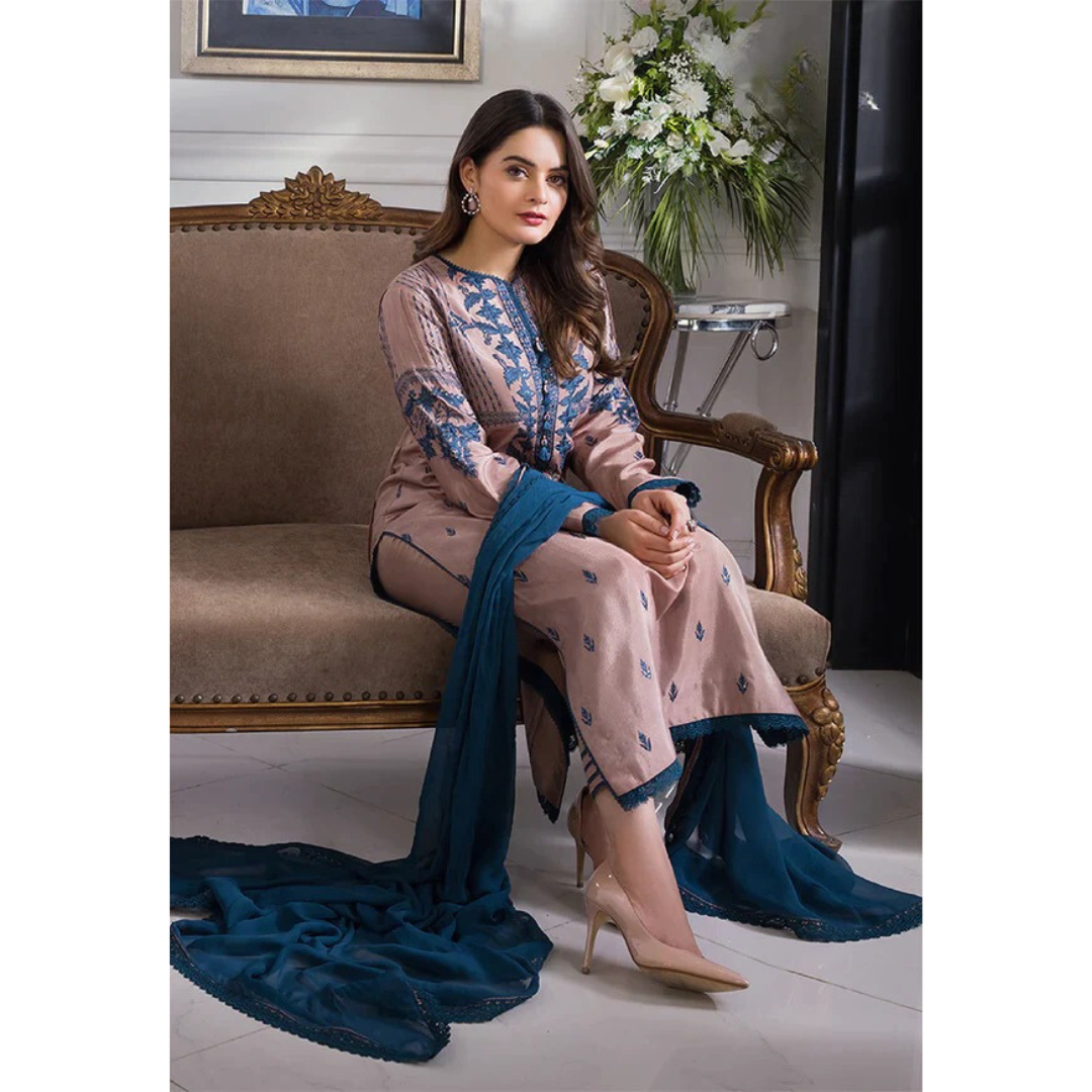 SastaaE 3 Piece Unstitched Embroidered Dress on Lawn Cotton fabric along with Chiffon Embroidered Dupatta - sastaae