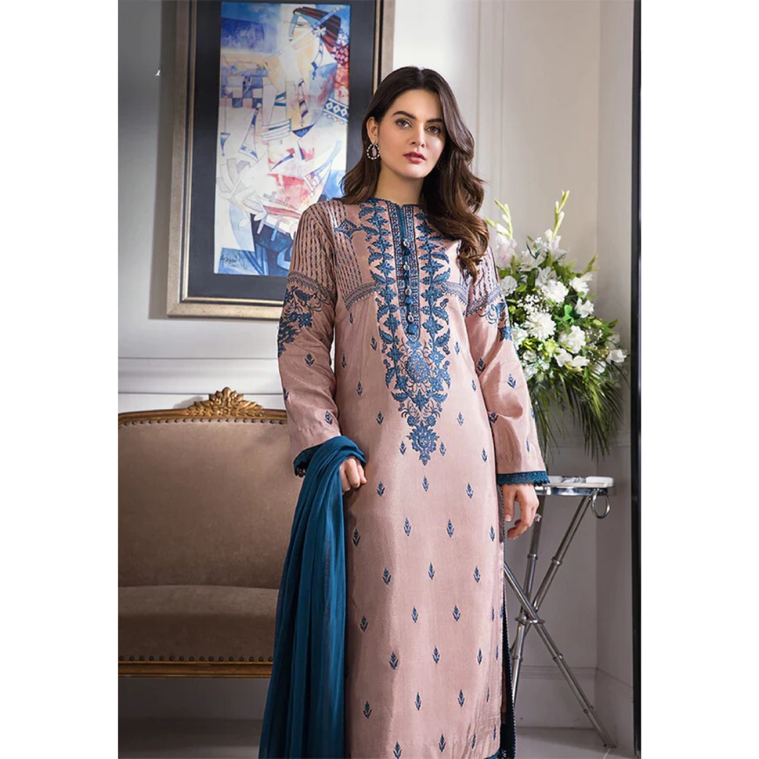 SastaaE 3 Piece Unstitched Embroidered Dress on Lawn Cotton fabric along with Chiffon Embroidered Dupatta - sastaae
