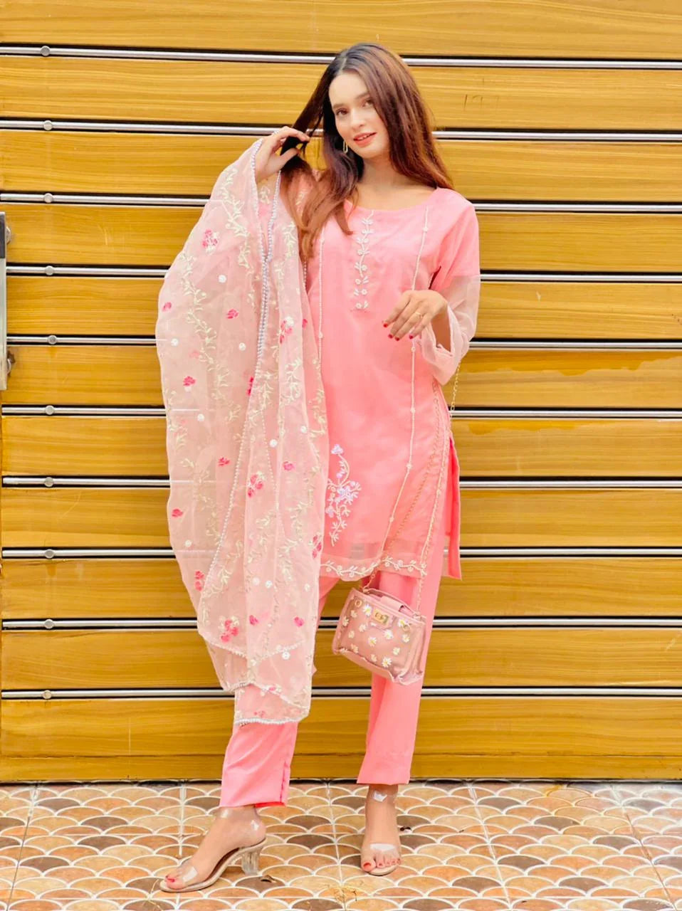 SastaaE Organza 3pc Unstitched Embroidered & Adda Work Dress with Malai Inner - Sastaae