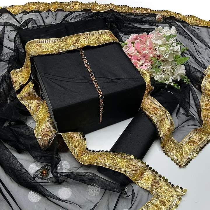 SastaaE Presents Kataan Silk Suit 3pcs Net Gotta Work Duppatta With Plain Katan Silk Shirt & Trouser - Sastaae