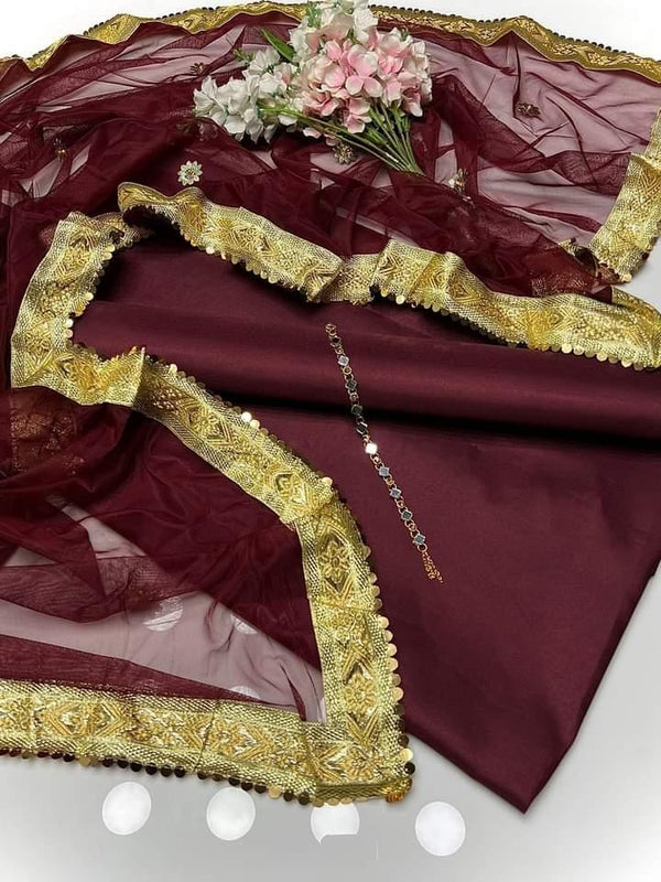 SastaaE Presents Kataan Silk Suit 3pcs Net Gotta Work Duppatta With Plain Katan Silk Shirt & Trouser - Sastaae