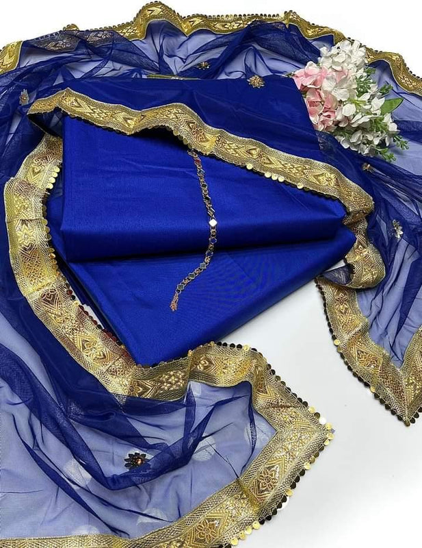 SastaaE Presents Kataan Silk Suit 3pcs Net Gotta Work Duppatta With Plain Katan Silk Shirt & Trouser - Sastaae
