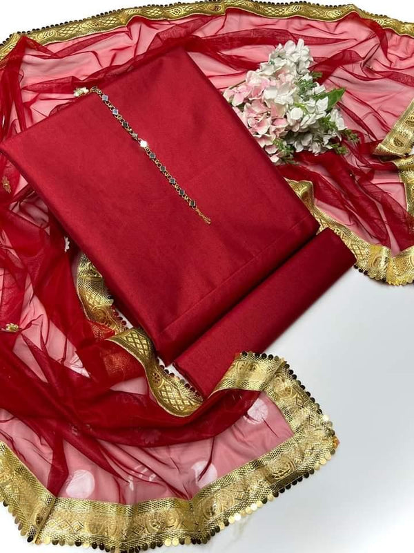 SastaaE Presents Kataan Silk Suit 3pcs Net Gotta Work Duppatta With Plain Katan Silk Shirt & Trouser - Sastaae