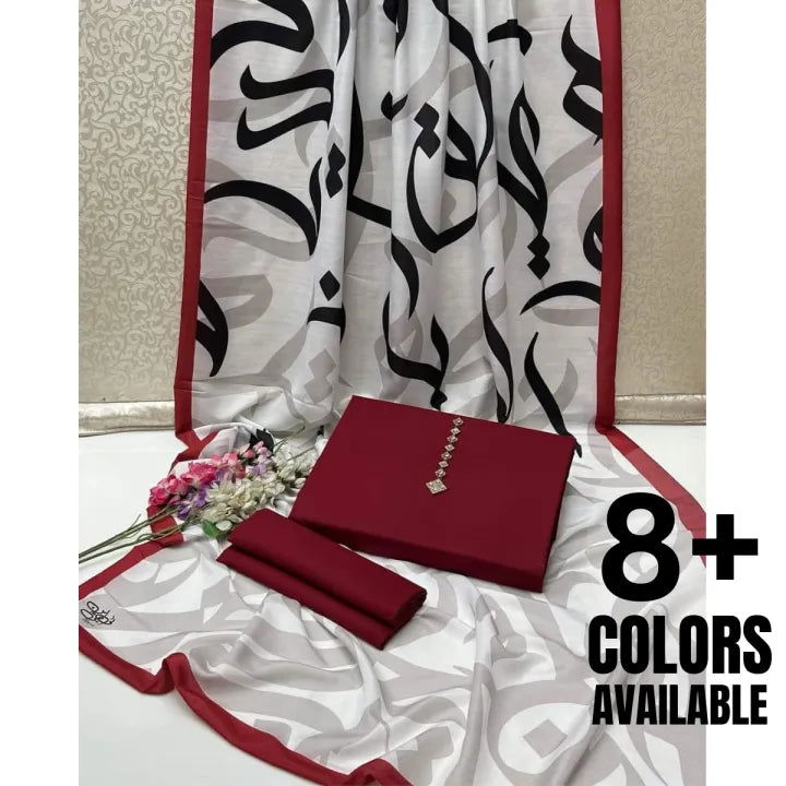 SastaaE Unstitched 3 Piece Digital Calligraphy Dress with Kataan Silk Plain Shalwar Kameez-D5 - sastaae
