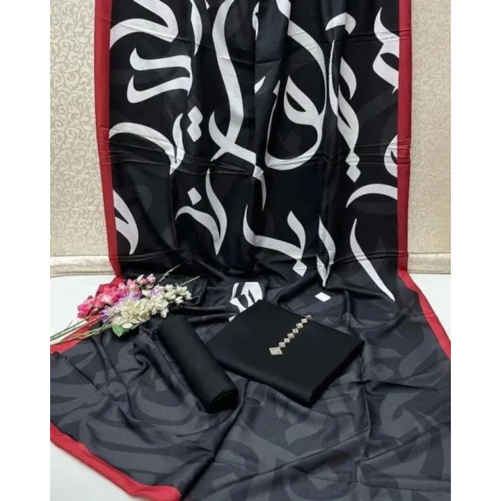 SastaaE Unstitched 3 Piece Digital Calligraphy Dress with Kataan Silk Plain Shalwar Kameez-D5 - sastaae