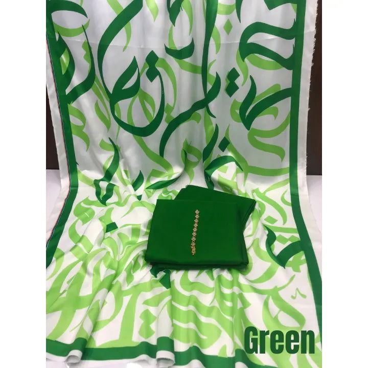 SastaaE Unstitched 3 Piece Digital Calligraphy Dress with Kataan Silk Plain Shalwar Kameez-D5 - sastaae