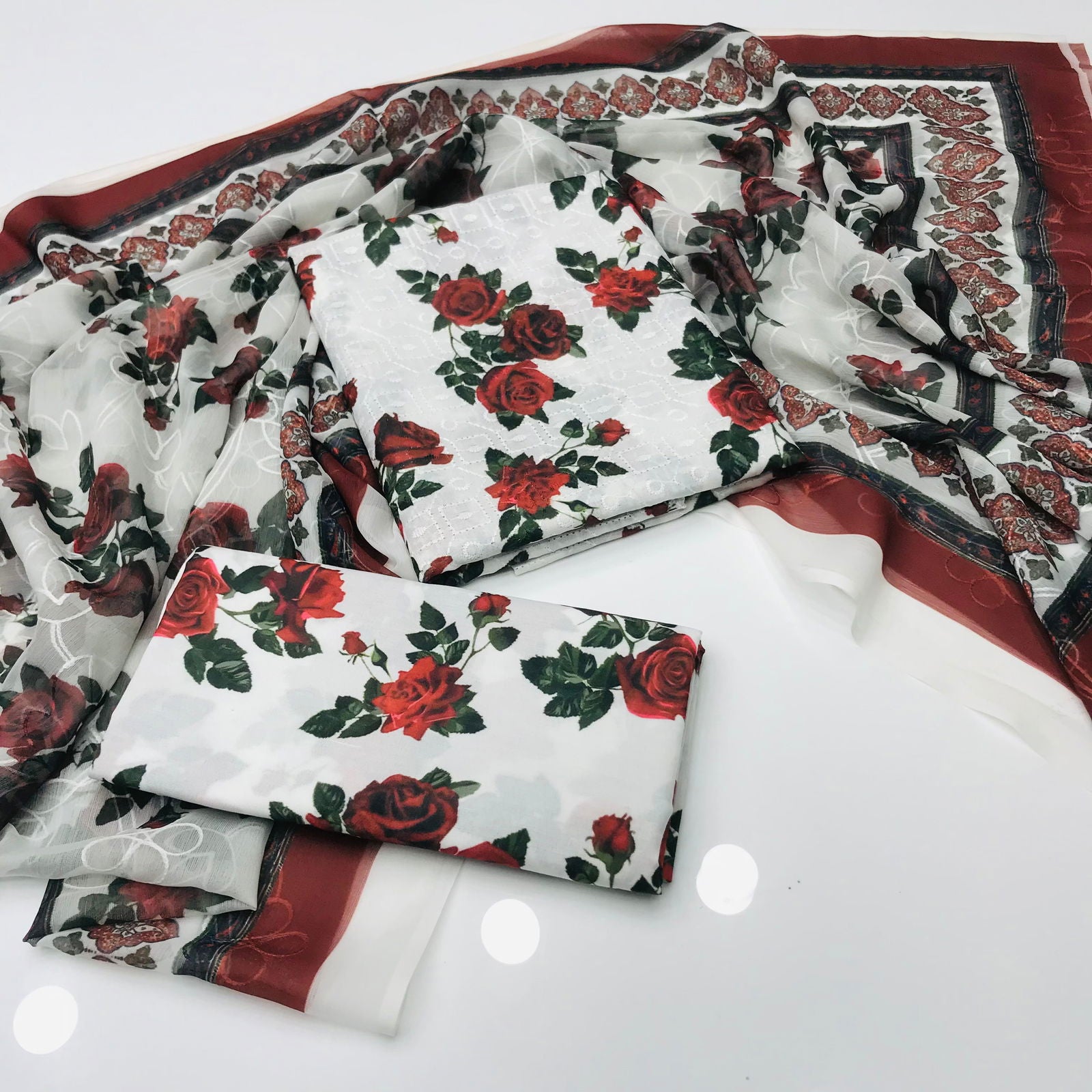 Sastaae 3 Pieces Unstitched Indian Chiffon Digital Printed Shifflie Work Dupatta With Digital Printed Lawn Shirt & Trouser - sastaae
