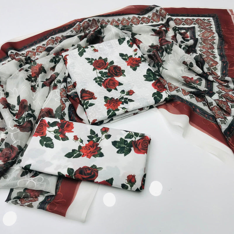 Sastaae 3 Pieces Unstitched Indian Chiffon Digital Printed Shifflie Work Dupatta With Digital Printed Lawn Shirt & Trouser - Sastaae