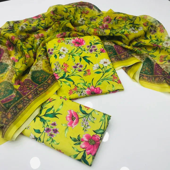 Sastaae 3 Pieces Unstitched Indian Chiffon Digital Printed Shifflie Work Dupatta With Digital Printed Lawn Shirt & Trouser - sastaae