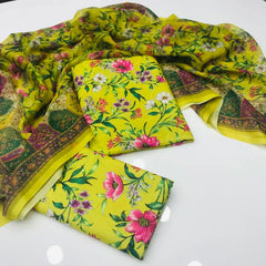 Sastaae 3 Pieces Unstitched Indian Chiffon Digital Printed Shifflie Work Dupatta With Digital Printed Lawn Shirt & Trouser - sastaae