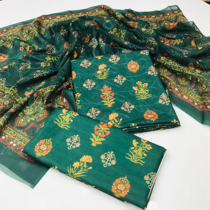 Sastaae 3 Pieces Unstitched Indian Chiffon Digital Printed Shifflie Work Dupatta With Digital Printed Lawn Shirt & Trouser - Sastaae