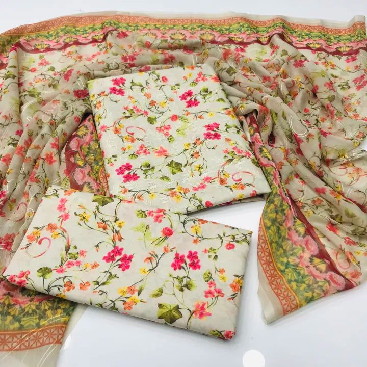 Sastaae 3 Pieces Unstitched Indian Chiffon Digital Printed Shifflie Work Dupatta With Digital Printed Lawn Shirt & Trouser - Sastaae