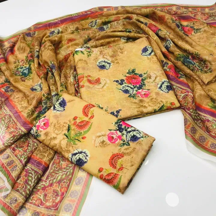 Sastaae 3 Pieces Unstitched Indian Chiffon Digital Printed Shifflie Work Dupatta With Digital Printed Lawn Shirt & Trouser - Sastaae