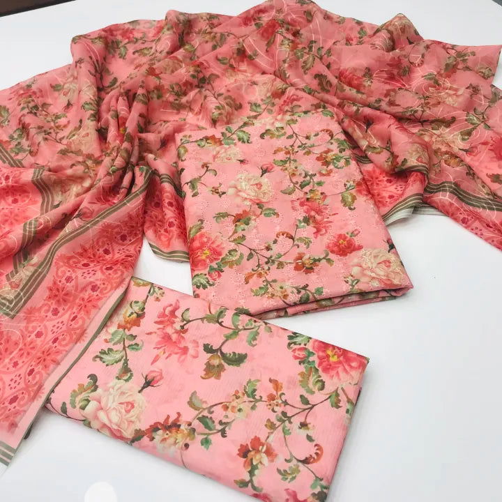 Sastaae 3 Pieces Unstitched Indian Chiffon Digital Printed Shifflie Work Dupatta With Digital Printed Lawn Shirt & Trouser - sastaae