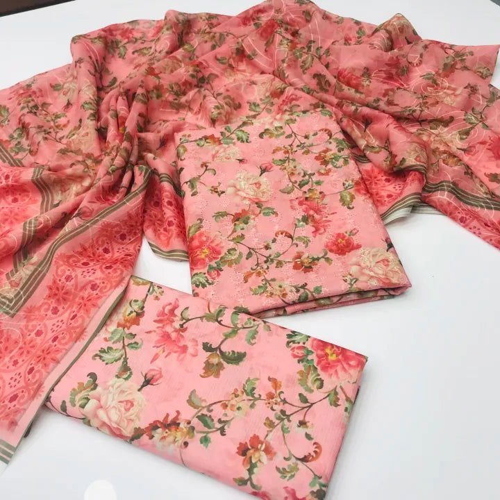 Sastaae 3 Pieces Unstitched Indian Chiffon Digital Printed Shifflie Work Dupatta With Digital Printed Lawn Shirt & Trouser - Sastaae