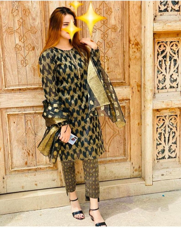Sastaae Cotton Jacquard 3 Pieces Paper Cotton Banarsi (Shirt,Touser,Duppatta) - Sastaae